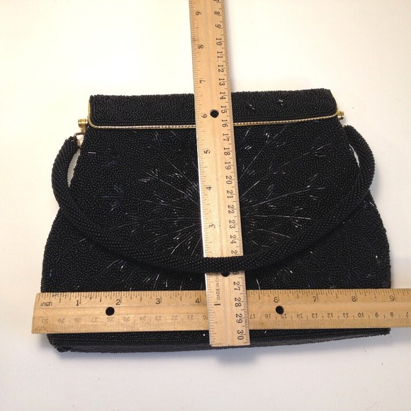 Vintage Black Beautifully Beaded Evening Handbag Gold Trim - Picture 8 of 12
